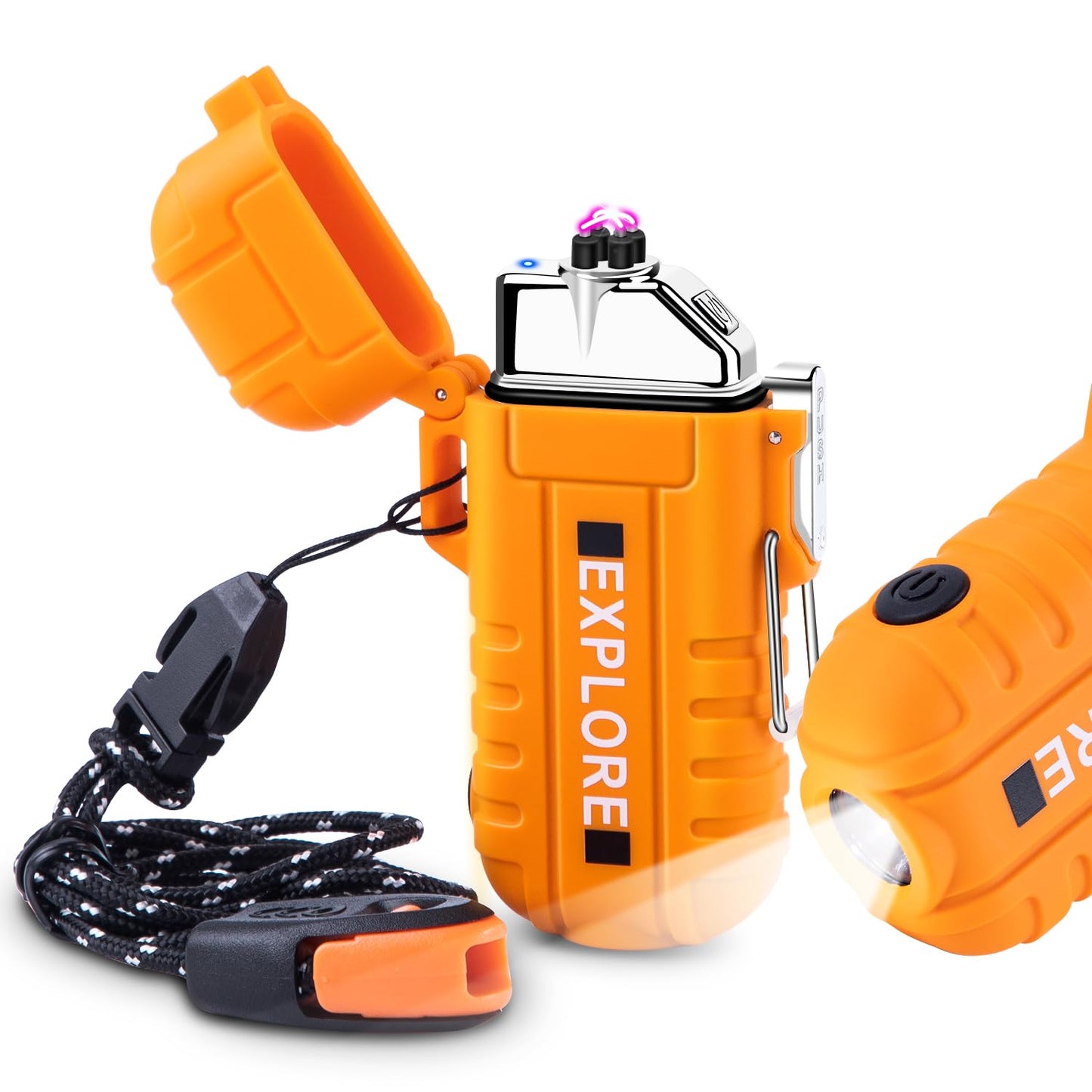 LcFun Elektrisch Elektro Feuerzeug Winddicht Lichtbogen Aufladbar Type-C, Wiederaufladbar mit Taschenlampe für Camping, Wandern, Outdoor Survival Kits (Orange)