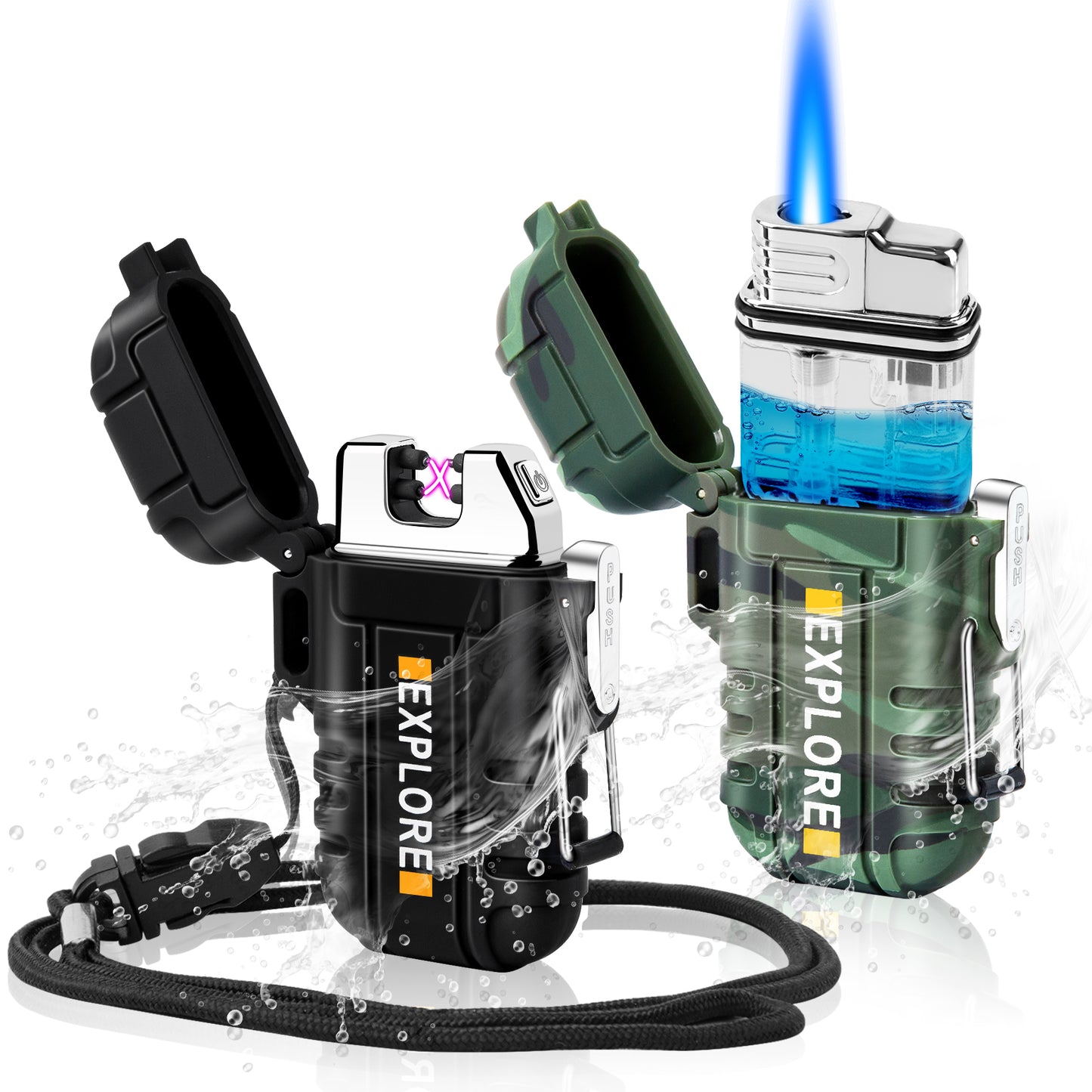 LcFun 2 Pack Waterproof Outdoor Lighter Windproof Torch Lighters Butane Refillable USB Rechargeable Electric Dual Arc Plasma Lighter Hiking Camping Essentials Hunting Gear Fathers Day Dad Gifts