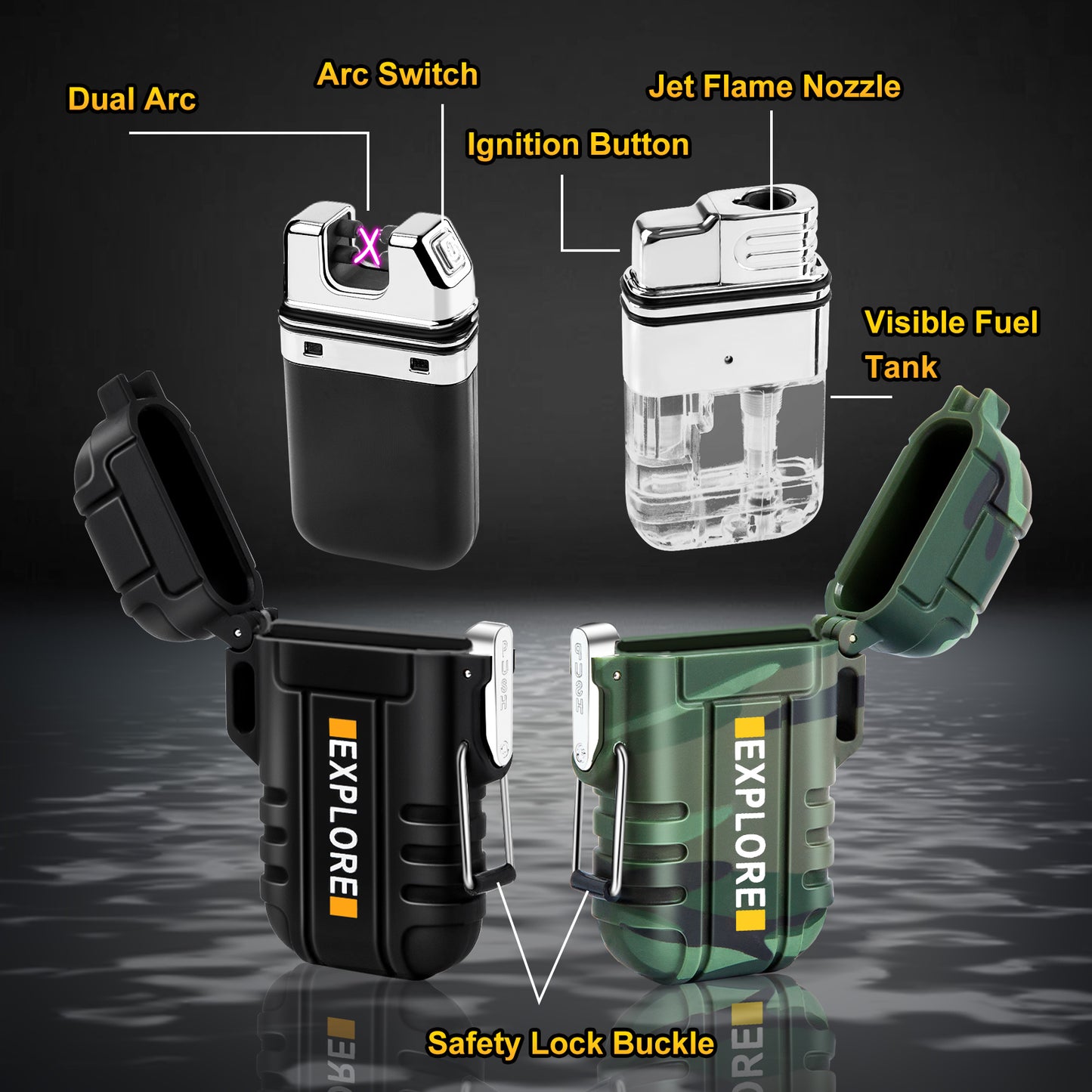 LcFun 2 Pack Waterproof Outdoor Lighter Windproof Torch Lighters Butane Refillable USB Rechargeable Electric Dual Arc Plasma Lighter Hiking Camping Essentials Hunting Gear Fathers Day Dad Gifts
