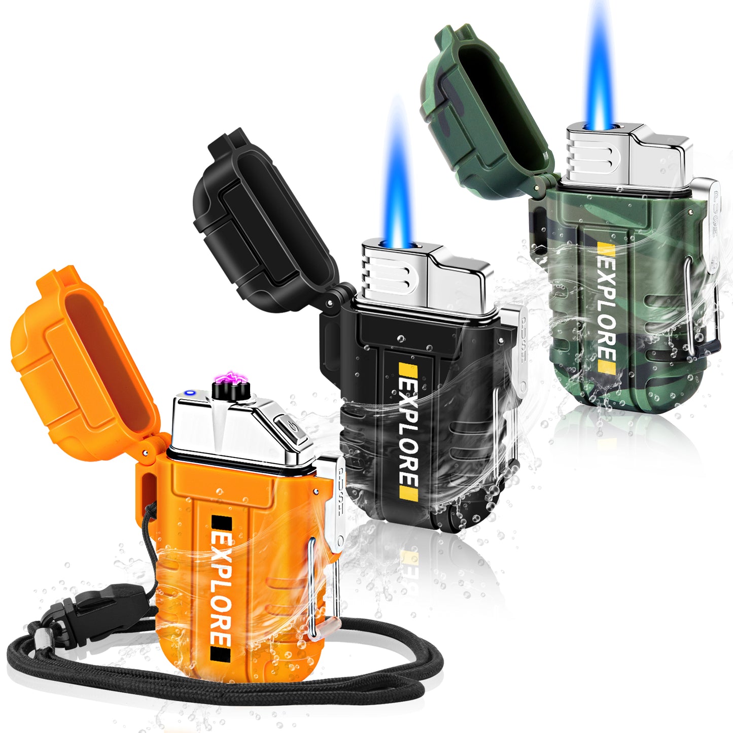 LcFun 2 Pack Waterproof Outdoor Lighter Windproof Torch Lighters Butane Refillable USB Rechargeable Electric Dual Arc Plasma Lighter Hiking Camping Essentials Hunting Gear Fathers Day Dad Gifts