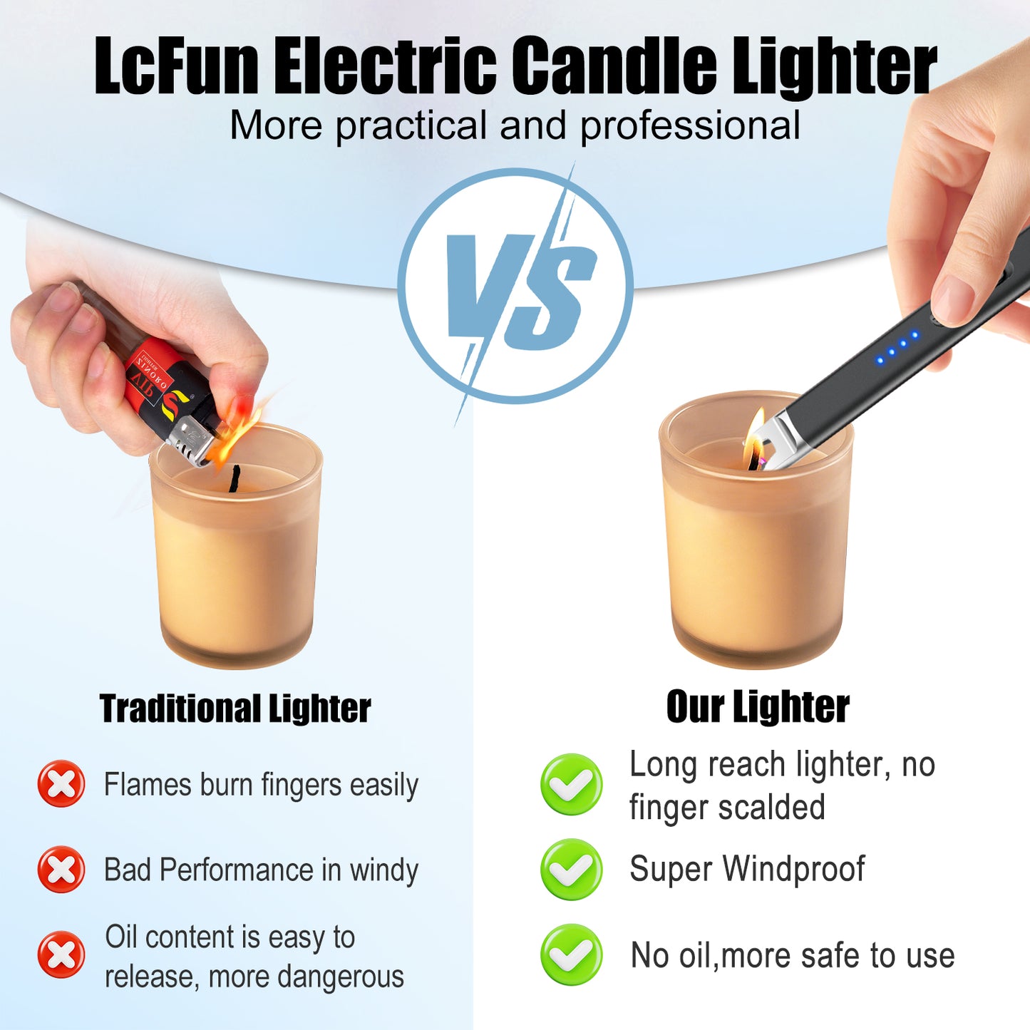 LcFun 2 Pack Candle Lighter USB Rechargeable Electric Plasma Arc Lighters with Safety Lock, Windproof Flameless Lighters Long Stem Matches for Candle, Grill, BBQ, Camping, Gas Stoves (Black, Gold)