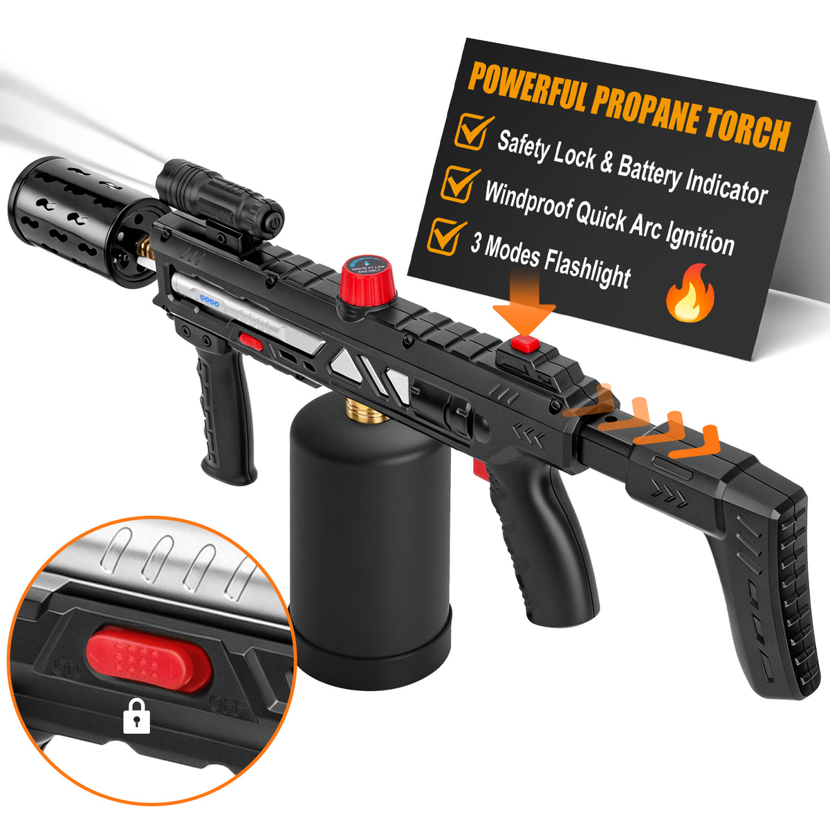 Flame Thrower Gun With Safety Lock, Windproof Propane Torch Gun with Flashlight, Advanced Electric Arc Ignition,Retractable Stock,Blow Torch Fire Starter Gun Lighter for Charcoals,Grill,Cooking( NO Tank)