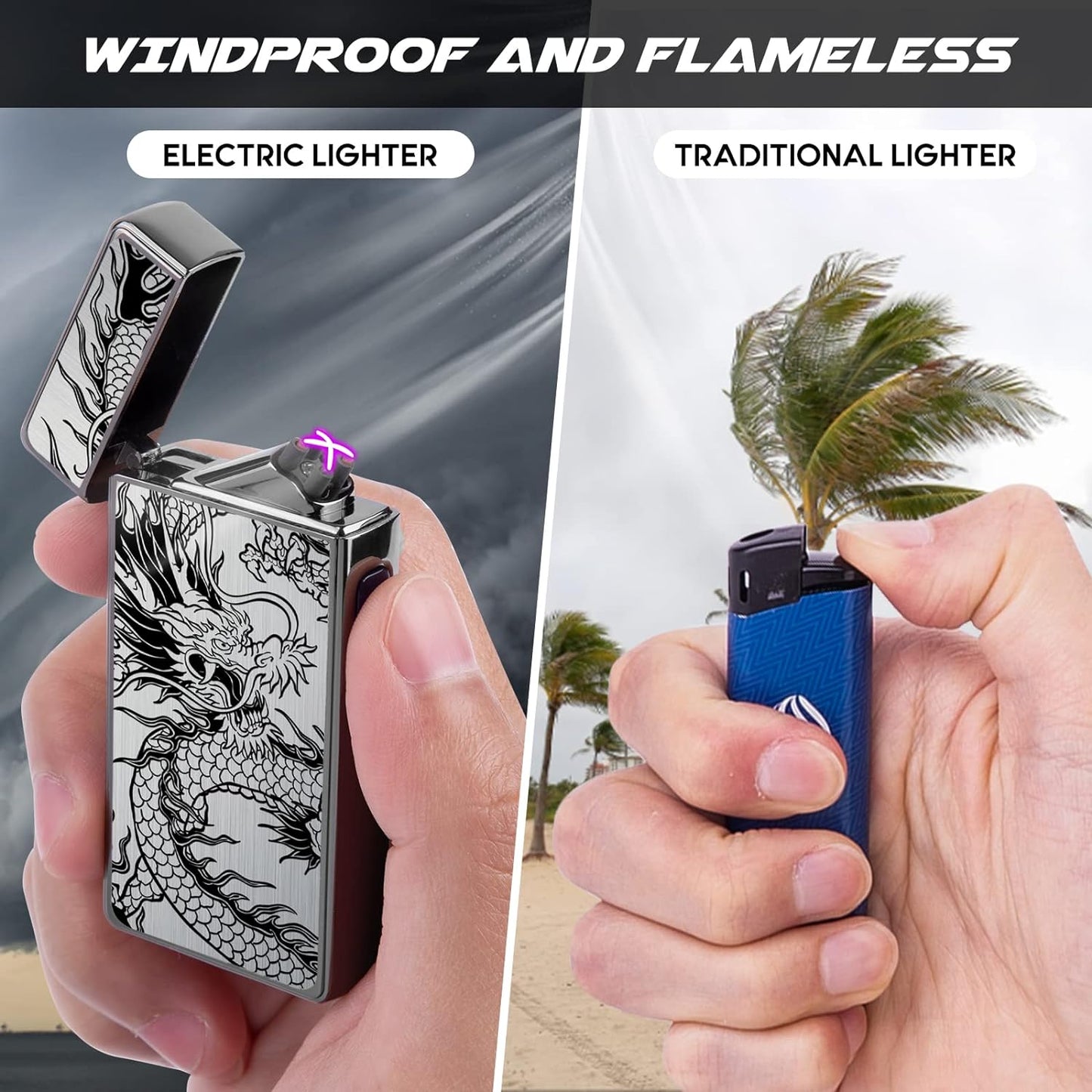 Gifts for Men,Electric Lighter Rechargeable USB Plasma Dual Arc Lighter Type-C Charging Electronic Windproof Dragon Lighter Cool Flameless X-lite Lighter,Christmas Birthday Gifts(New Black Dragon)