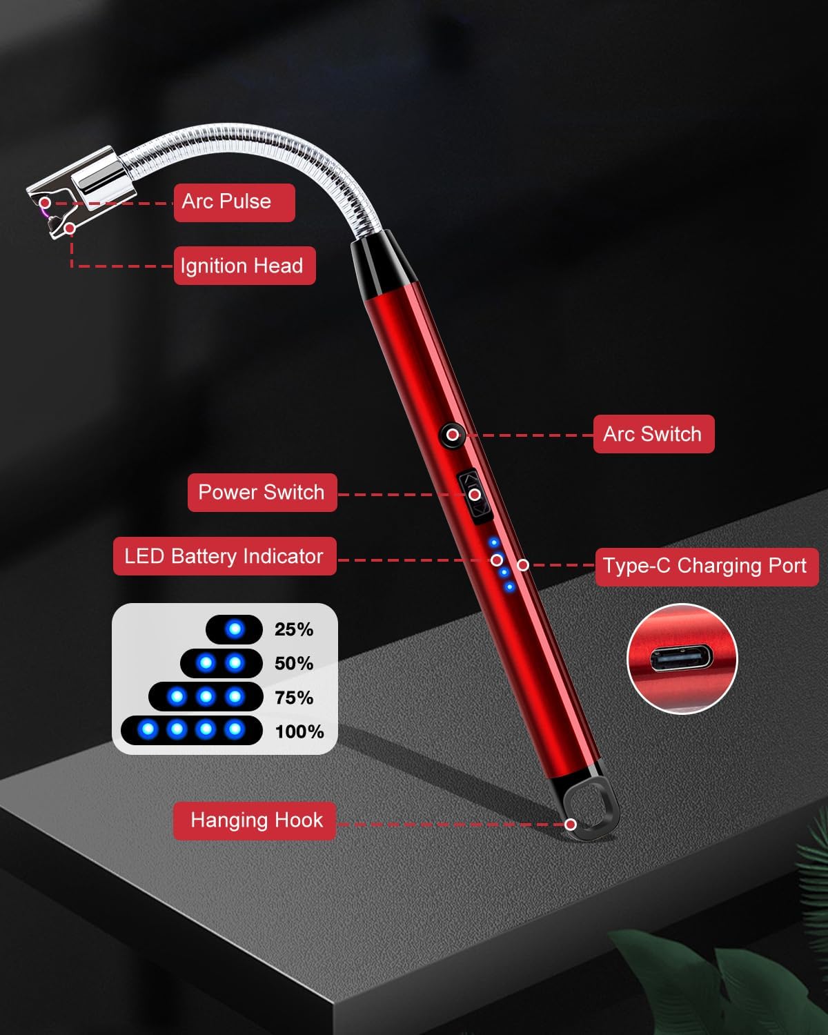 Rechargeable Candle Lighter,Electric Lighter USB Rechargeable,Long Flameless Lighter,Arc Plasma Windproof Lighter for Candle/Grill/Stove/Camping(Red)