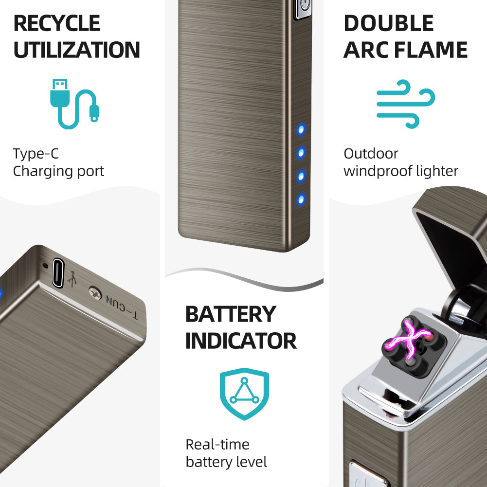 LcFun Electric Lighter USB Rechargeable Dual Arc Lighter with Battery Indicator, Windproof Cool Pocket Plasma Lighters for Camping, Small Valentines Birthday Gifts for Men Father (Gunmetal Gray)