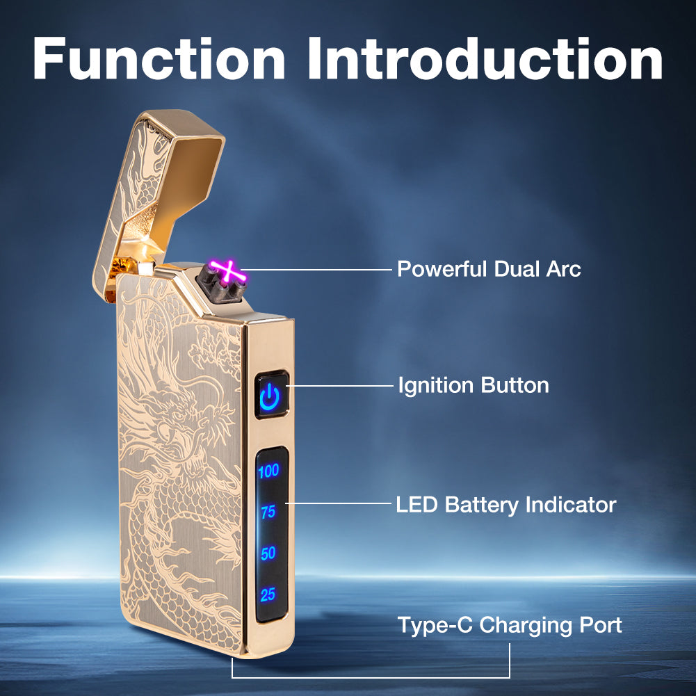 Electric Lighter - USB Rechargeable, Dual Arc Plasma Lighter, Windproof Flameless Lighters, Electronic Lighters with LED Battery Indication Gifts for Men Boyfriend Husband (Dragon Black)
