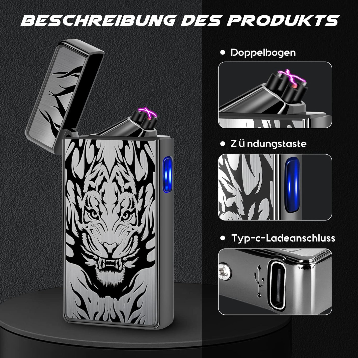 LcFun Feuerzeug Elektrisch Lichtbogen Feuerzeug USB Aufladbar Elektrisches Plasma Feuerzeug Sturmfeuerzeug Elektro Winddicht Arc Lighter Wiederaufladbar für Kerzen Küche (Schwarzer Tiger)