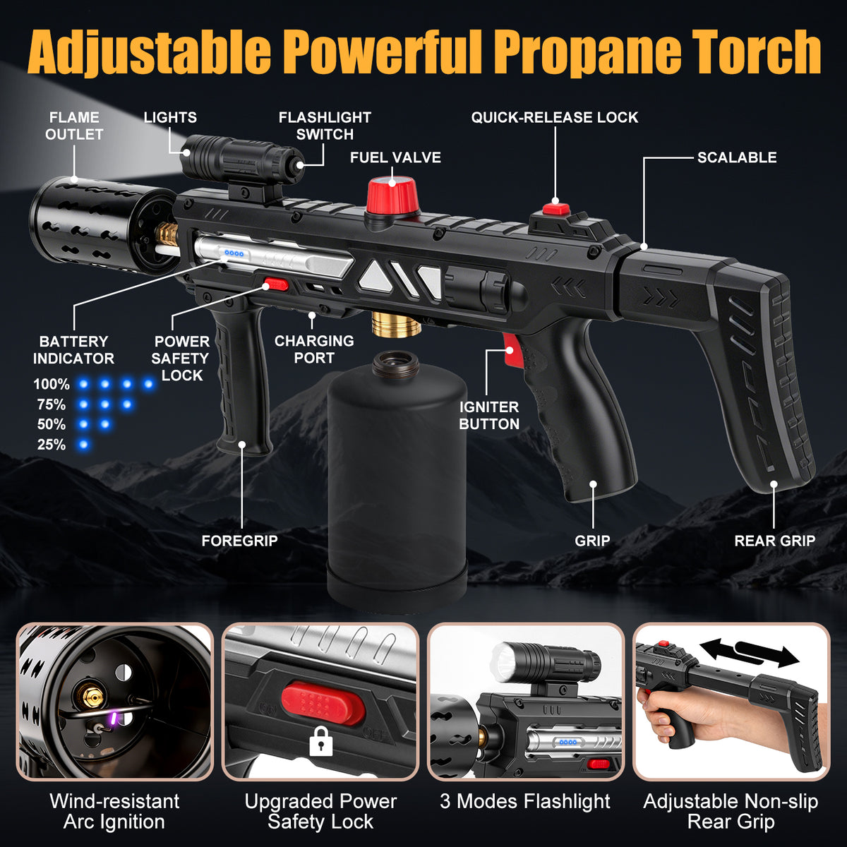 Flame Thrower Gun With Safety Lock, Windproof Propane Torch Gun with Flashlight, Advanced Electric Arc Ignition,Retractable Stock,Blow Torch Fire Starter Gun Lighter for Charcoals,Grill,Cooking( NO Tank)