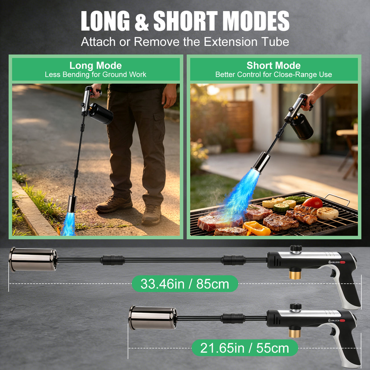 Propane Torch Weed Burner, Weed Torch Flame Thrower Built-In Igniter, Long and Short Modes, Adjustable Flame Blow Torch for Weeds, Garden, Roofing