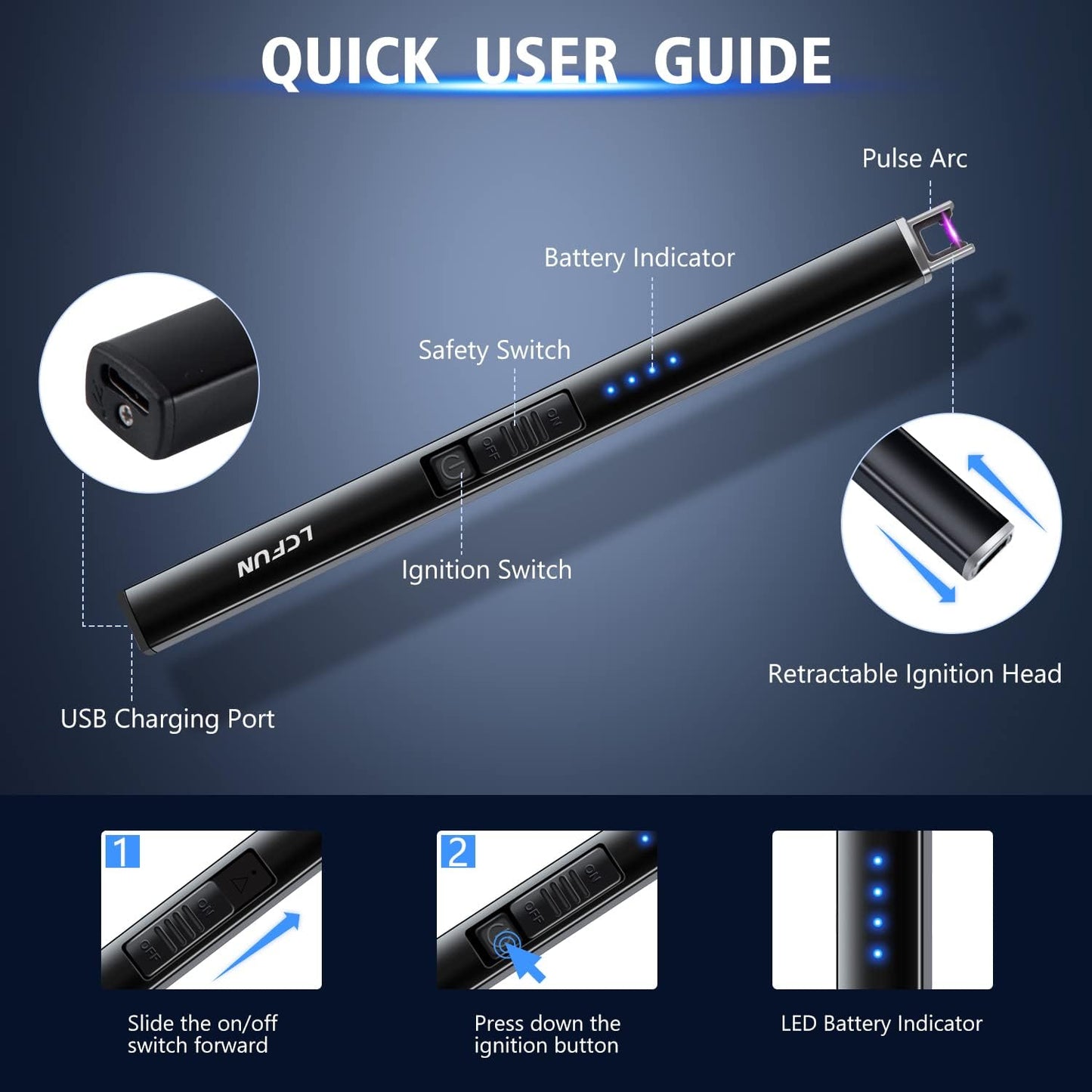 Candle Lighter Type-C Chargeable,Electric Lighter USB Rechargeable,Arc Lighter Long Reach with Battery Indicator for BBQ,Candles,Gas Hob and Camping(Black)