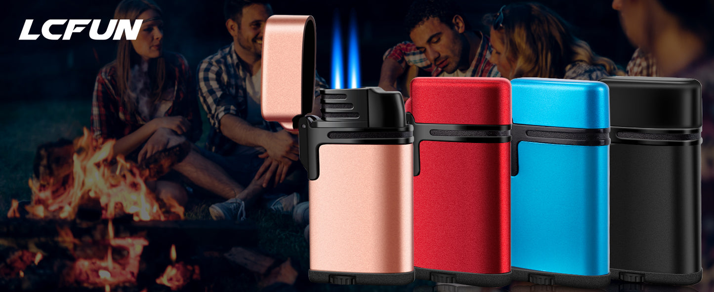 Butane Torch Lighter 2 Pack,Windproof Flame Lighter,2 Jet Lighter Refillable,Gas Fire Lighter,Pocket Torch Lighter (Without Fuel)(Black & Rose Gold)