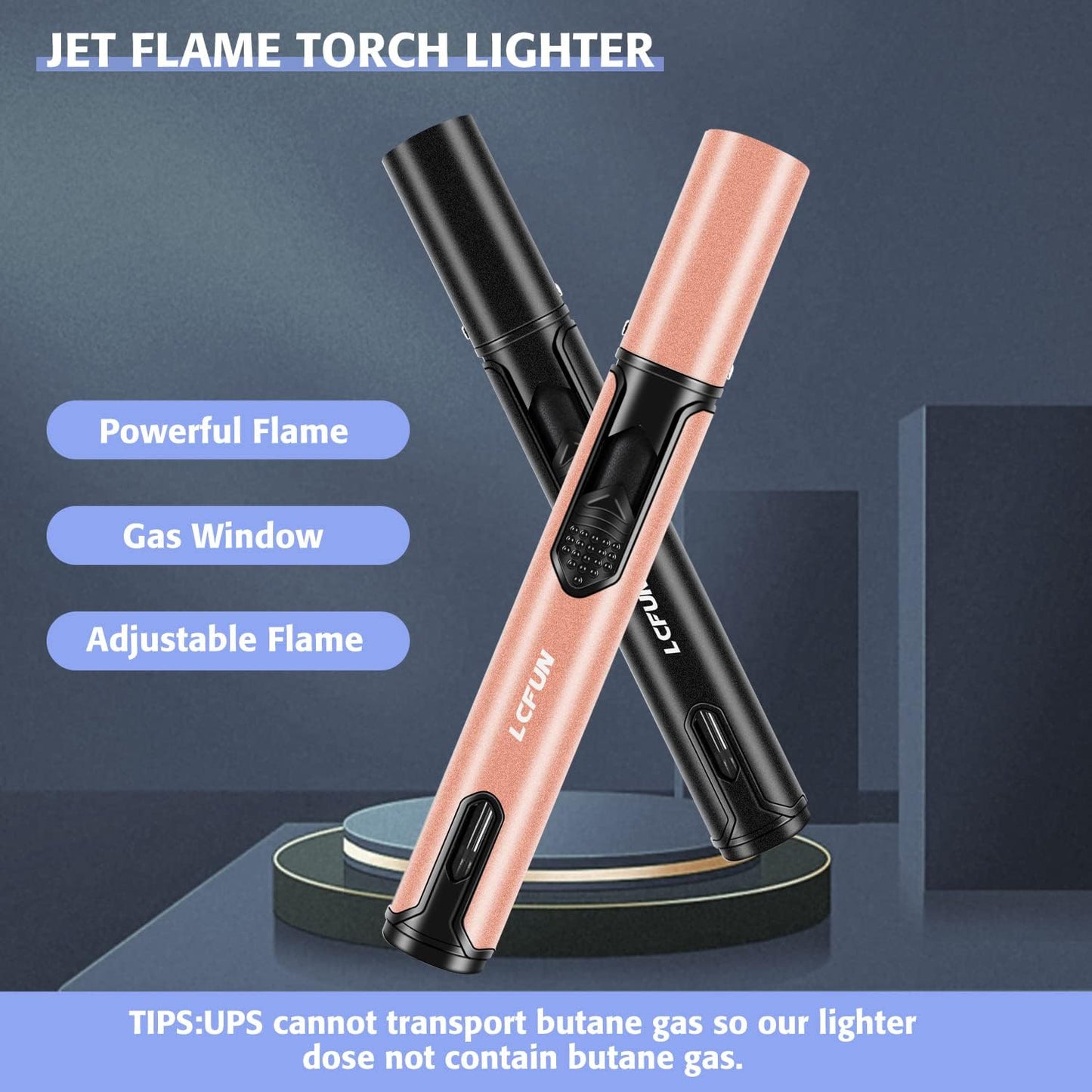 Jet Torch Lighter 2 Pack,Butane Gas Lighter Refillable with Fuel Window,Long Reach Windproof Lighter Adjustable Jet Flame for Candle,BBQ,Kitchen Cooker,Stove(Butane NOT Included) (Black & Champaqne)