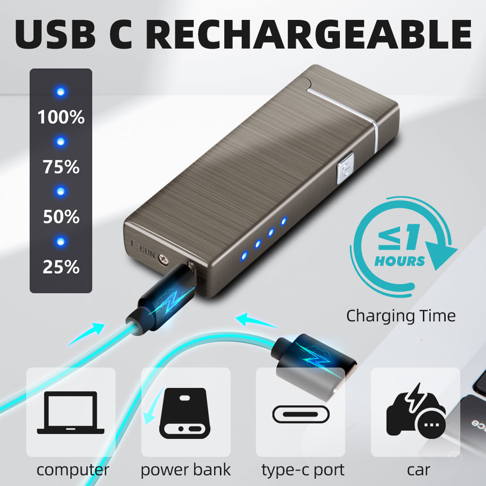LcFun Electric Lighter USB Rechargeable Dual Arc Lighter with Battery Indicator, Windproof Cool Pocket Plasma Lighters for Camping, Small Valentines Birthday Gifts for Men Father (Gunmetal Gray)