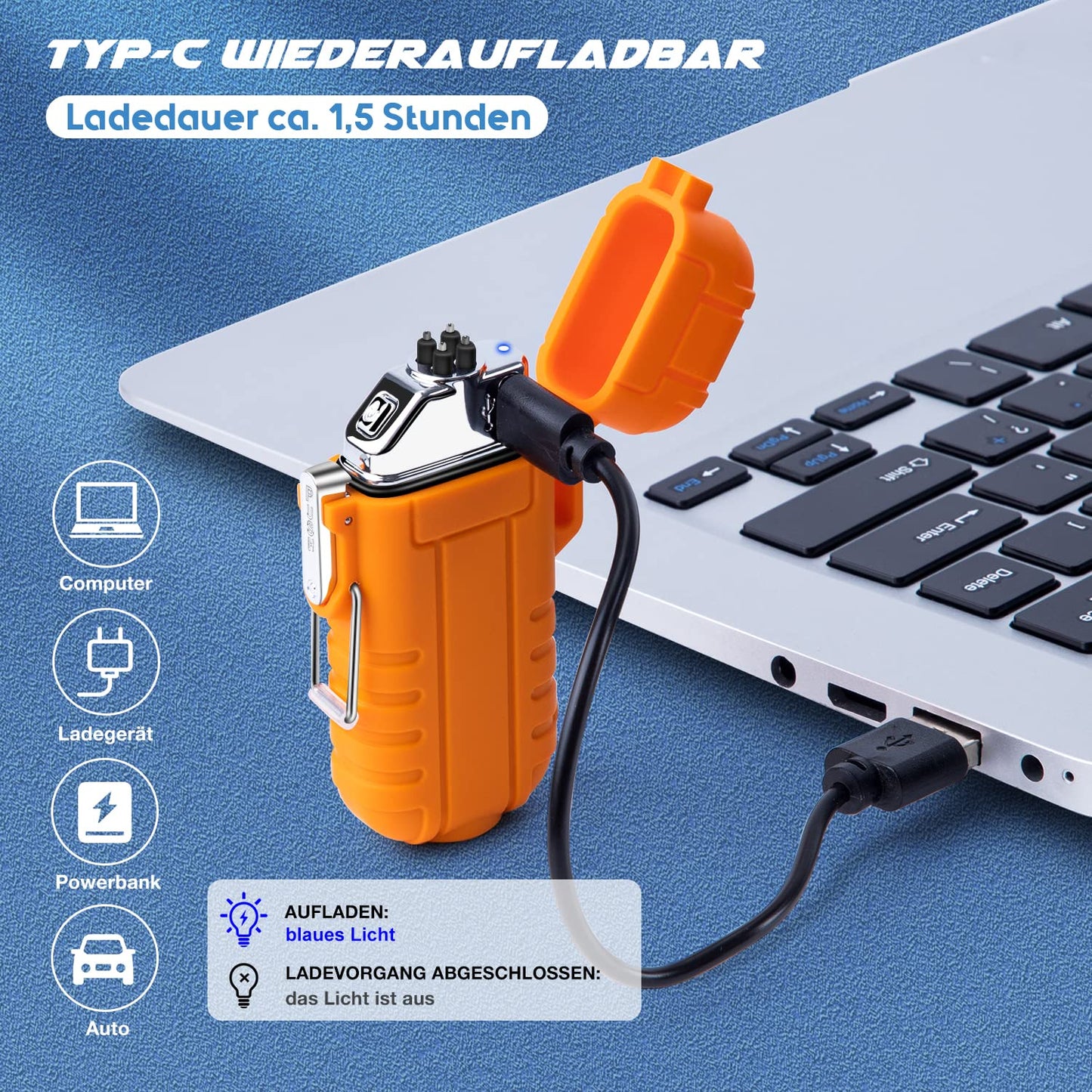 LcFun Elektrisch Elektro Feuerzeug Winddicht Lichtbogen Aufladbar Type-C, Wiederaufladbar mit Taschenlampe für Camping, Wandern, Outdoor Survival Kits (Orange)