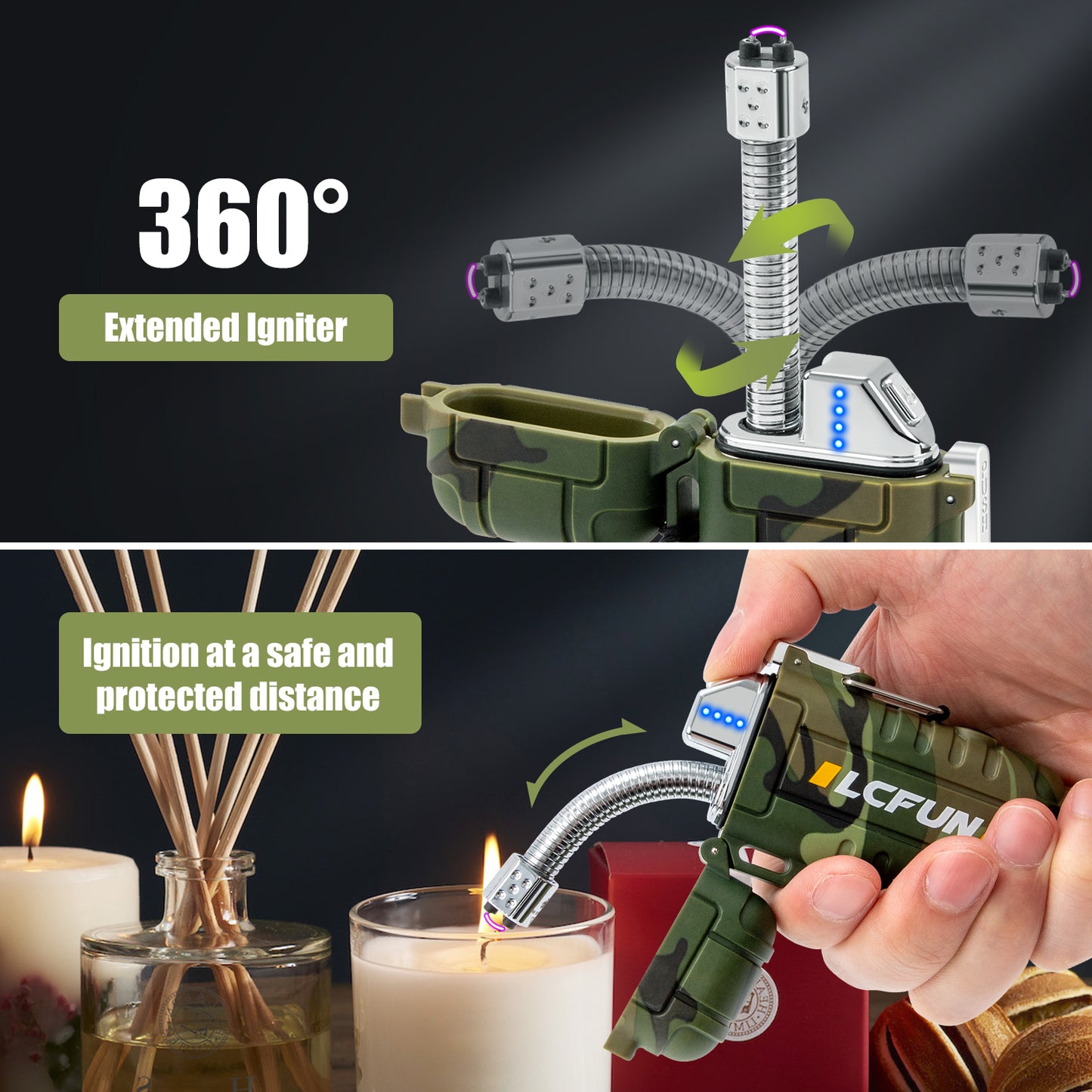 LcFun USB Rechargeable Electric Arc Lighters Windproof Plasma Lighter with LED Battery Display, Waterproof Matches with Flashlight for Camping, Survival Tactical Gear