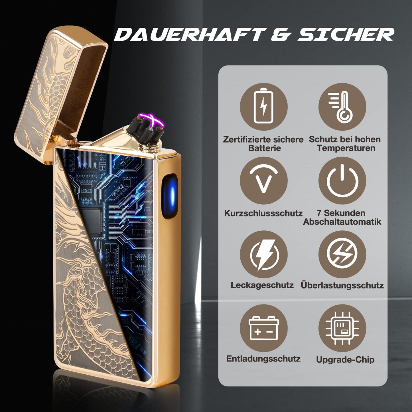 LcFun Elektrisch Lichtbogen Feuerzeug USB Aufladbar Plasma ,Sturmfeuerzeug Elektro Winddicht Arc Lighter Wiederaufladbar für Kerzen Küche Geschenk (Goldener Drache)