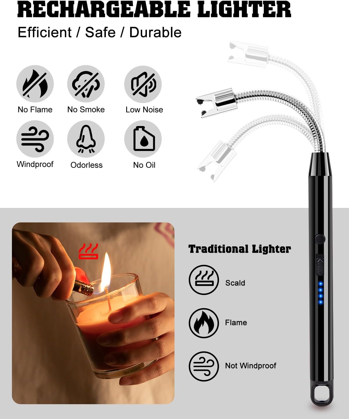 Electric Candle Lighter,USB C Rechargeable Lighter,Flameless BBQ Lighter,Electronic Arc Plasma Lighter with Long Flexible Neck for Candles,Barbeque,Camping,Grill-(Black)