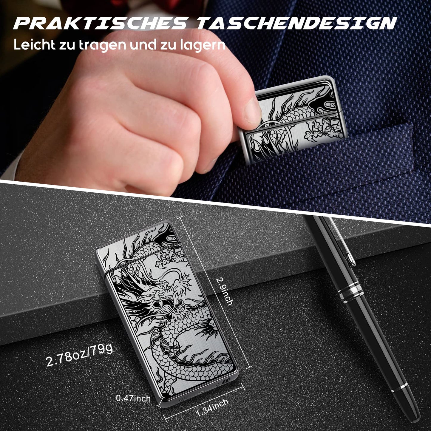 LcFun Feuerzeug Elektrisch Lichtbogen Feuerzeug USB Aufladbar Elektrisches Plasma Feuerzeug Sturmfeuerzeug Elektro Winddicht Arc Lighter Wiederaufladbar für Kerzen Küche Geschenk (Schwarzer Drache)