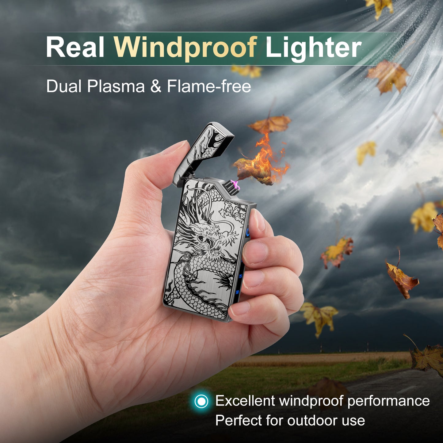 Electric Lighter - USB Rechargeable, Dual Arc Plasma Lighter, Windproof Flameless Lighters, Electronic Lighters with LED Battery Indication Gifts for Men Boyfriend Husband (Dragon Black)