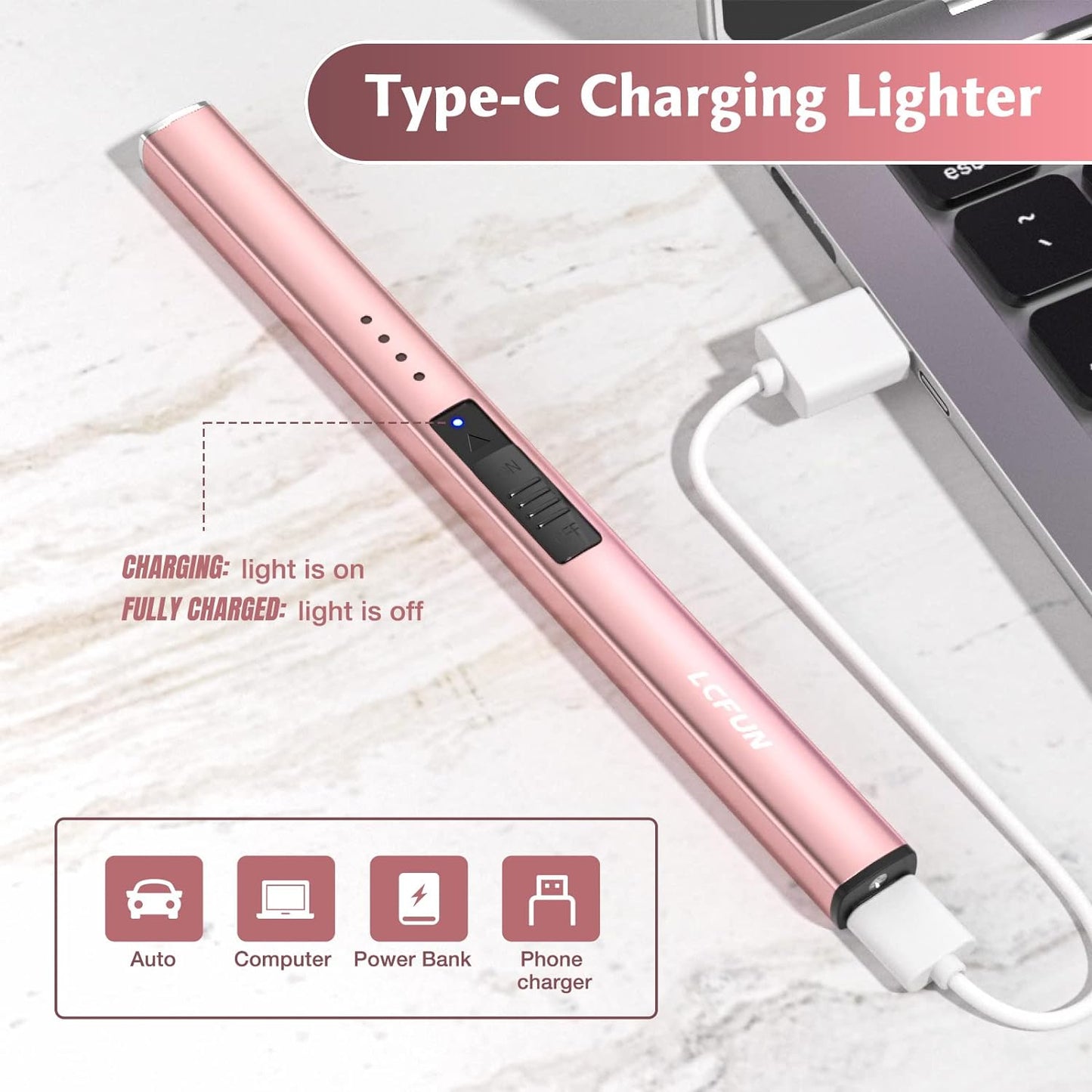 Electric Candle Lighter,Type-C Chargeable Plasma Lighter with Battery Indicators,Long Rechargeable Lighter for Candles,BBQ,Kitchen Stove(Rose Gold)