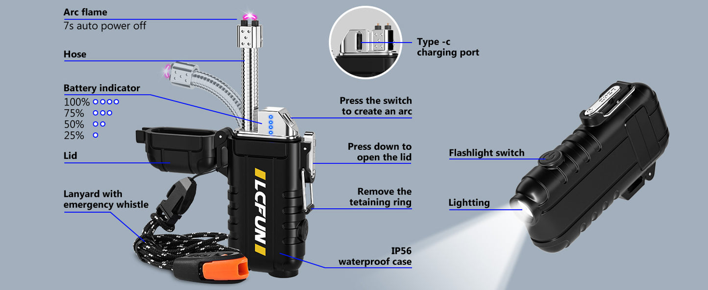 Gifts for Men,Electric Lighter Rechargeable USB with Retractable Neck,Windproof Arc Plasma Lighter with Flashlight,Electronic Waterproof Lighter for Candle,Camping,Survival, Hiking,Outdoor,BBQ(Black)