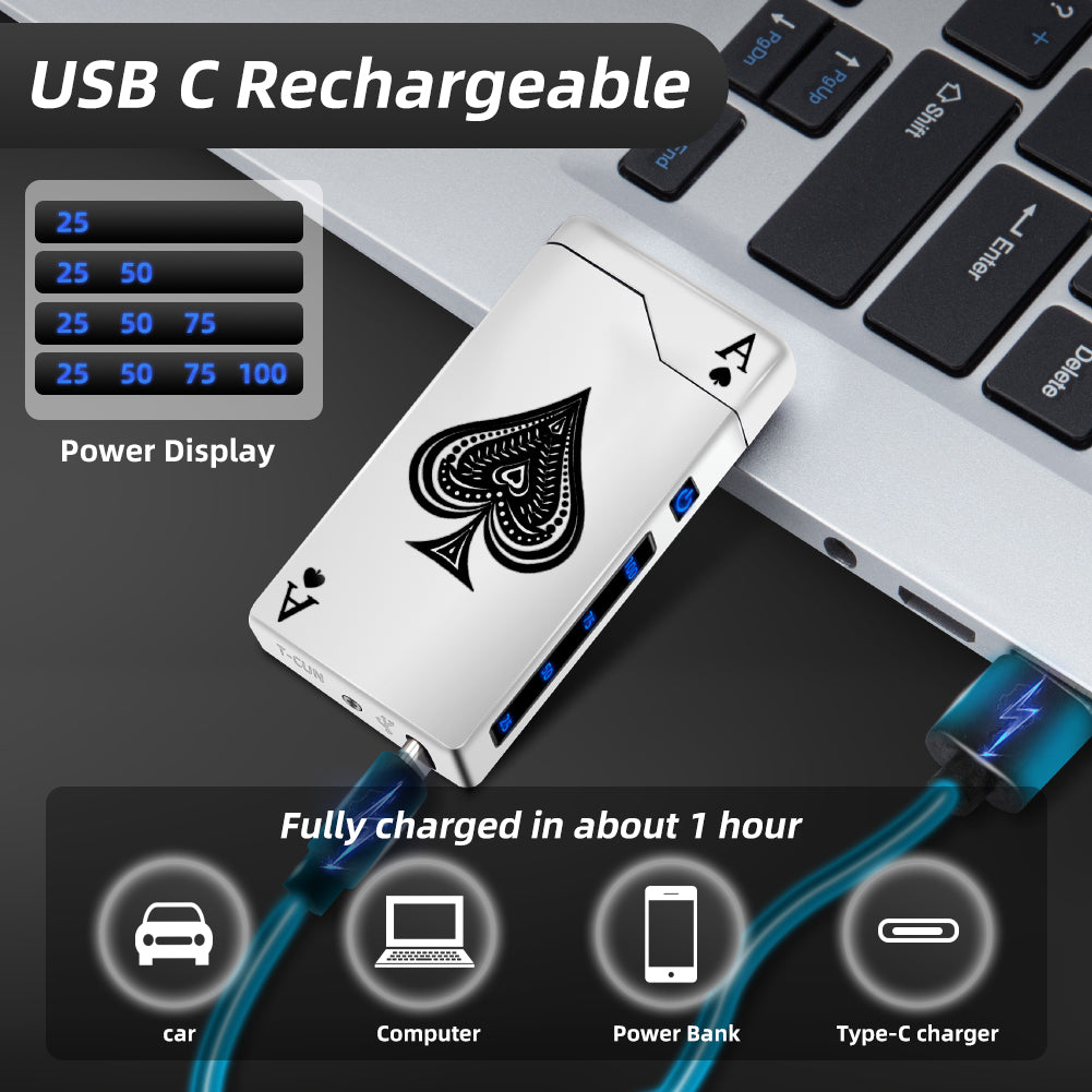 Electric Lighter - Rechargeable USB, Dual Arc Plasma, Windproof Flameless, Pocket Metal Lighter with LED Battery Indication for Candles, Camping (Silver Ace)