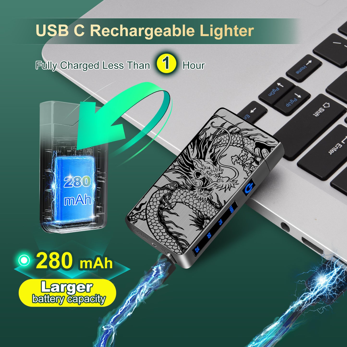 Electric Lighter - USB Rechargeable, Dual Arc Plasma Lighter, Windproof Flameless Lighters, Electronic Lighters with LED Battery Indication Gifts for Men Boyfriend Husband (Dragon Black)