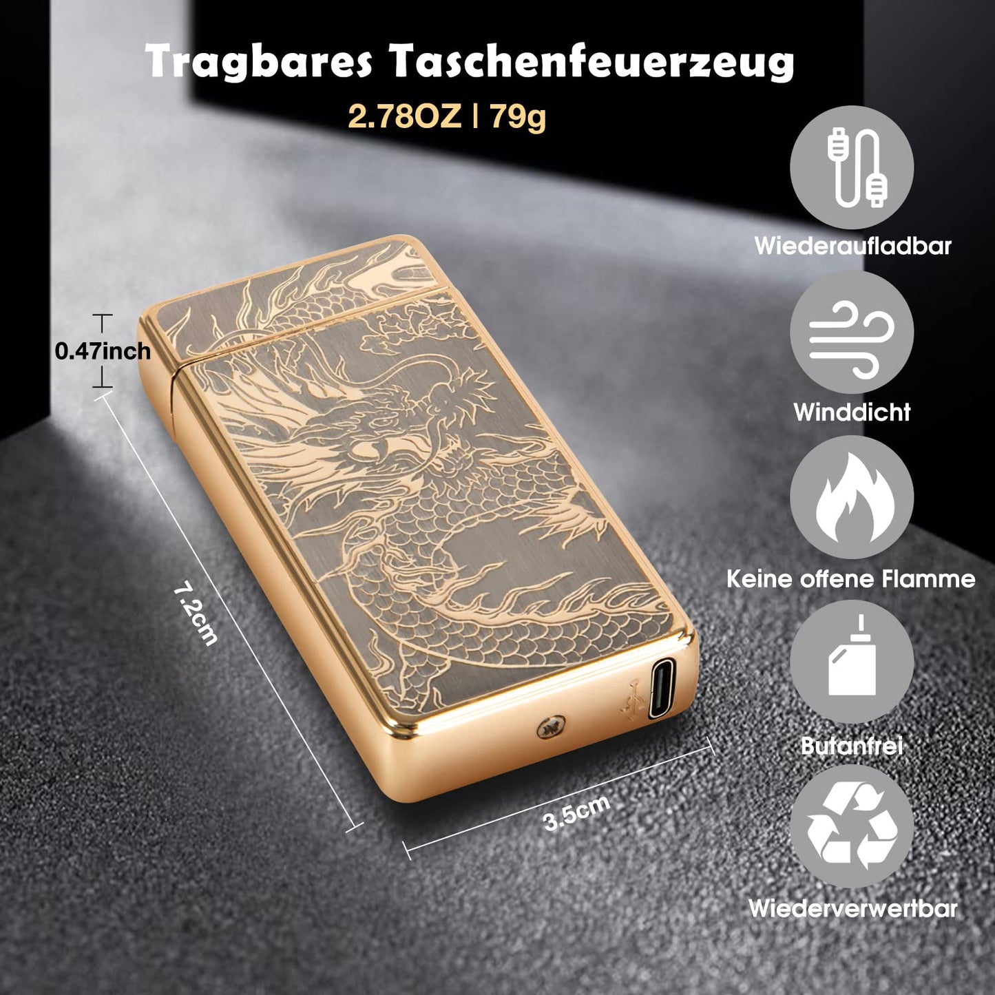 LcFun Elektrisch Lichtbogen Feuerzeug USB Aufladbar Plasma ,Sturmfeuerzeug Elektro Winddicht Arc Lighter Wiederaufladbar für Kerzen Küche Geschenk (Goldener Drache)