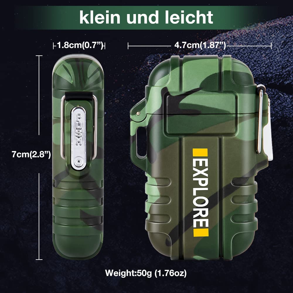 LcFun Lichtbogen Feuerzeug Elektrisch, Wasserdicht Winddicht USB Feuerzeug Wiederaufladbar, Plasma Feuerzeug Lighter mit Notfall-Pfeife für Camping, Survival Taktische-überlebensausrüstung (Tarnung)