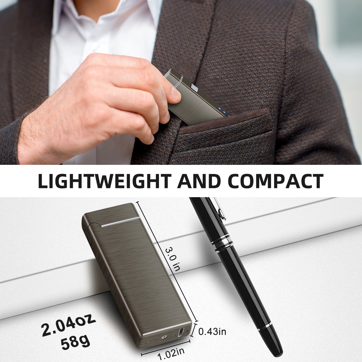 LcFun Electric Lighter USB Rechargeable Dual Arc Lighter with Battery Indicator, Windproof Cool Pocket Plasma Lighters for Camping, Small Valentines Birthday Gifts for Men Father (Gunmetal Gray)