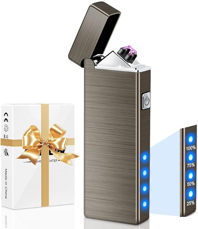 LcFun Electric Lighter USB Rechargeable Dual Arc Lighter with Battery Indicator, Windproof Cool Pocket Plasma Lighters for Camping, Small Valentines Birthday Gifts for Men Father (Gunmetal Gray)