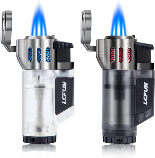 Jet Lighter 2 Pack Windproof Lighter 3 Flame Butane Torch Fire Lighter Refillable Gas Petrol Lighter Christmas Gifts-Butane Not Included(Black&Silver)