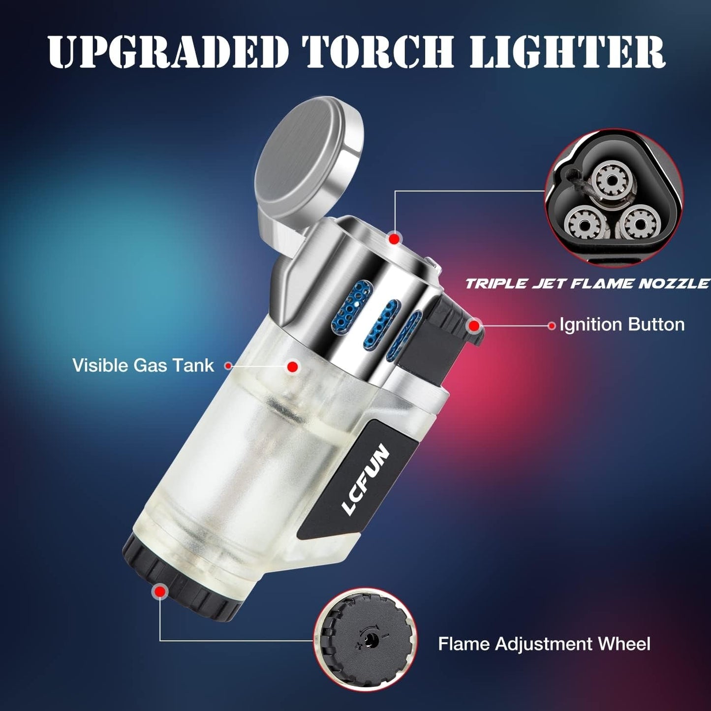 Jet Lighter 2 Pack Windproof Lighter 3 Flame Butane Torch Fire Lighter Refillable Gas Petrol Lighter Christmas Gifts-Butane Not Included(Black&Silver)