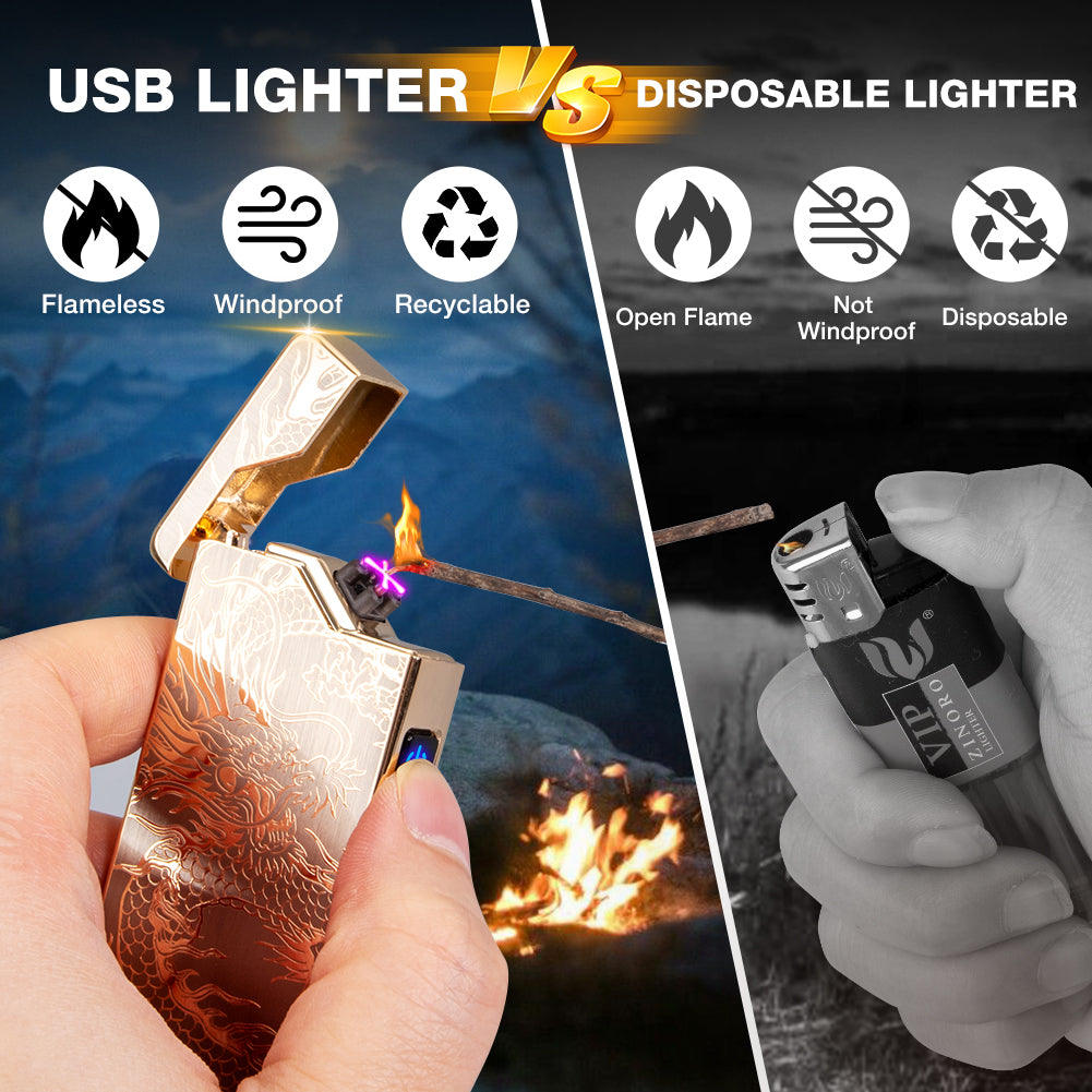 Electric Lighter - USB Rechargeable, Dual Arc Plasma Lighter, Windproof Flameless Lighters, Electronic Lighters with LED Battery Indication Gifts for Men Boyfriend Husband (Dragon Black)