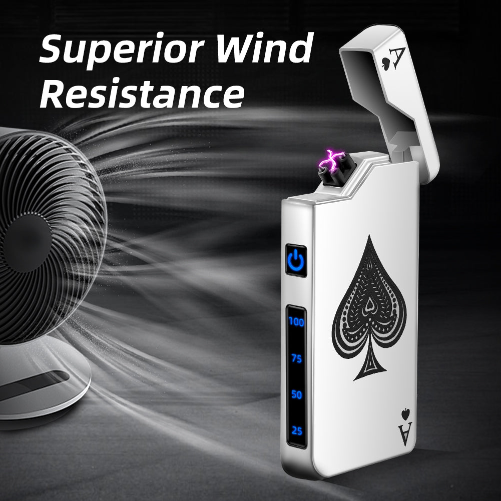 Electric Lighter - Rechargeable USB, Dual Arc Plasma, Windproof Flameless, Pocket Metal Lighter with LED Battery Indication for Candles, Camping (Silver Ace)