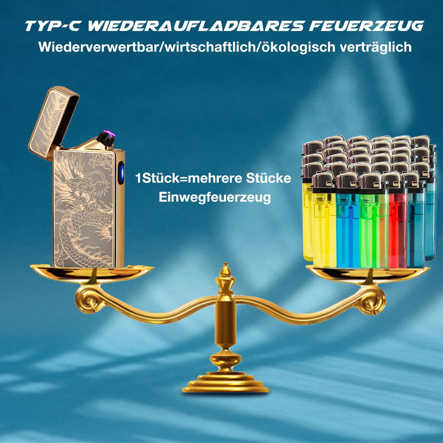 LcFun Elektrisch Lichtbogen Feuerzeug USB Aufladbar Plasma ,Sturmfeuerzeug Elektro Winddicht Arc Lighter Wiederaufladbar für Kerzen Küche Geschenk (Goldener Drache)