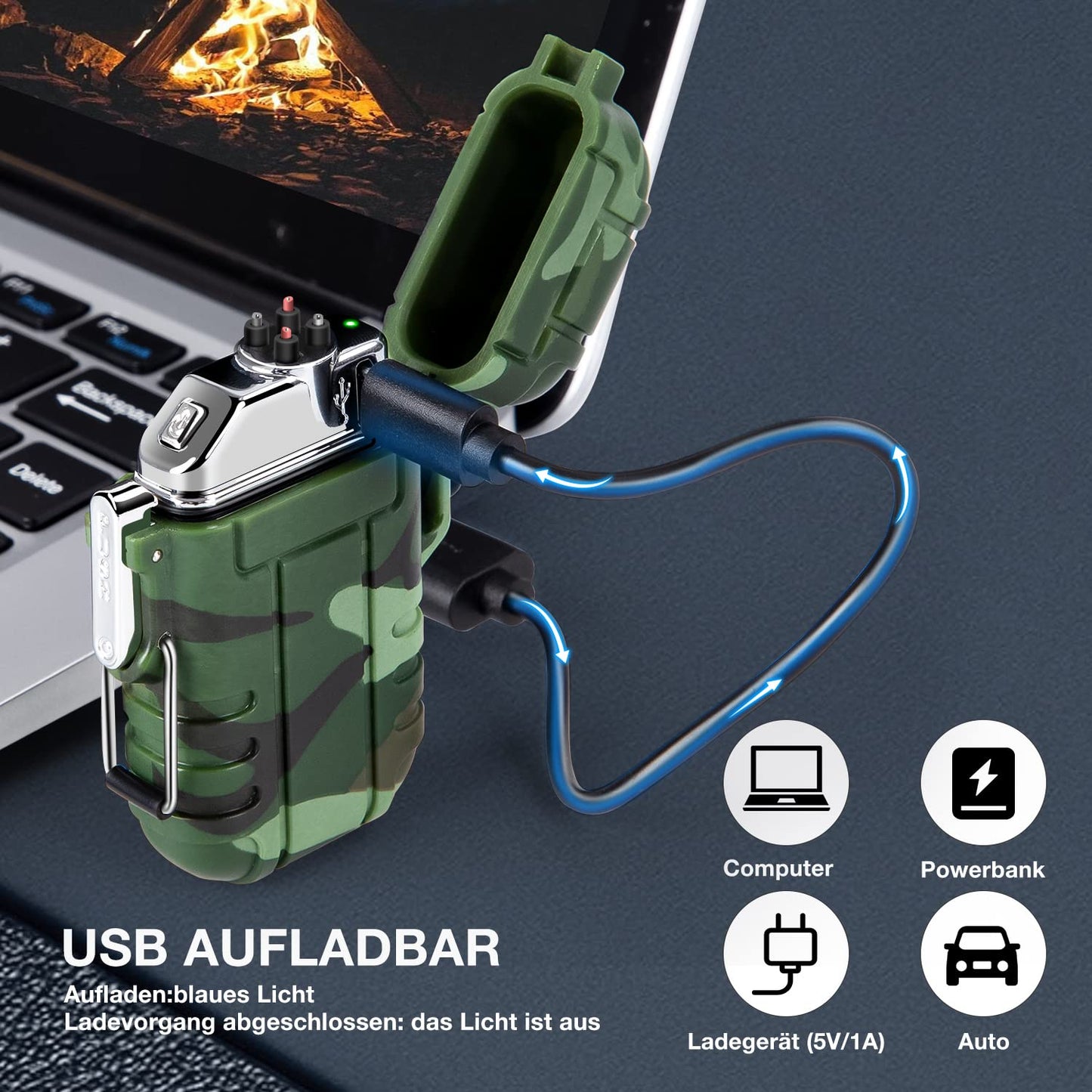 LcFun Lichtbogen Feuerzeug Elektrisch, Wasserdicht Winddicht USB Feuerzeug Wiederaufladbar, Plasma Feuerzeug Lighter mit Notfall-Pfeife für Camping, Survival Taktische-überlebensausrüstung (Tarnung)