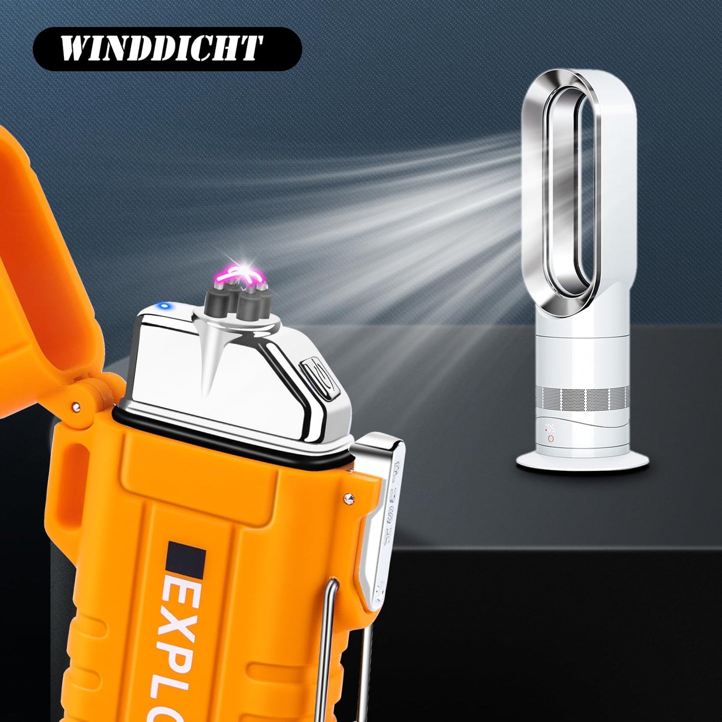 LcFun Elektrisch Elektro Feuerzeug Winddicht Lichtbogen Aufladbar Type-C, Wiederaufladbar mit Taschenlampe für Camping, Wandern, Outdoor Survival Kits (Orange)