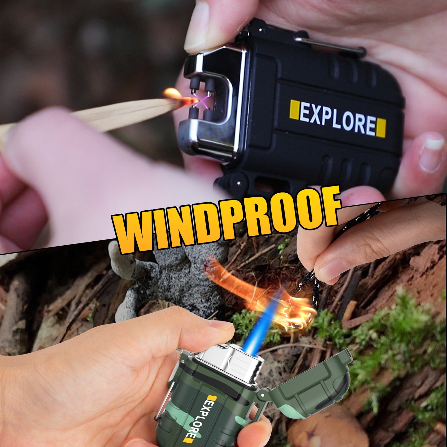 LcFun 2 Pack Waterproof Outdoor Lighter Windproof Torch Lighters Butane Refillable USB Rechargeable Electric Dual Arc Plasma Lighter Hiking Camping Essentials Hunting Gear Fathers Day Dad Gifts