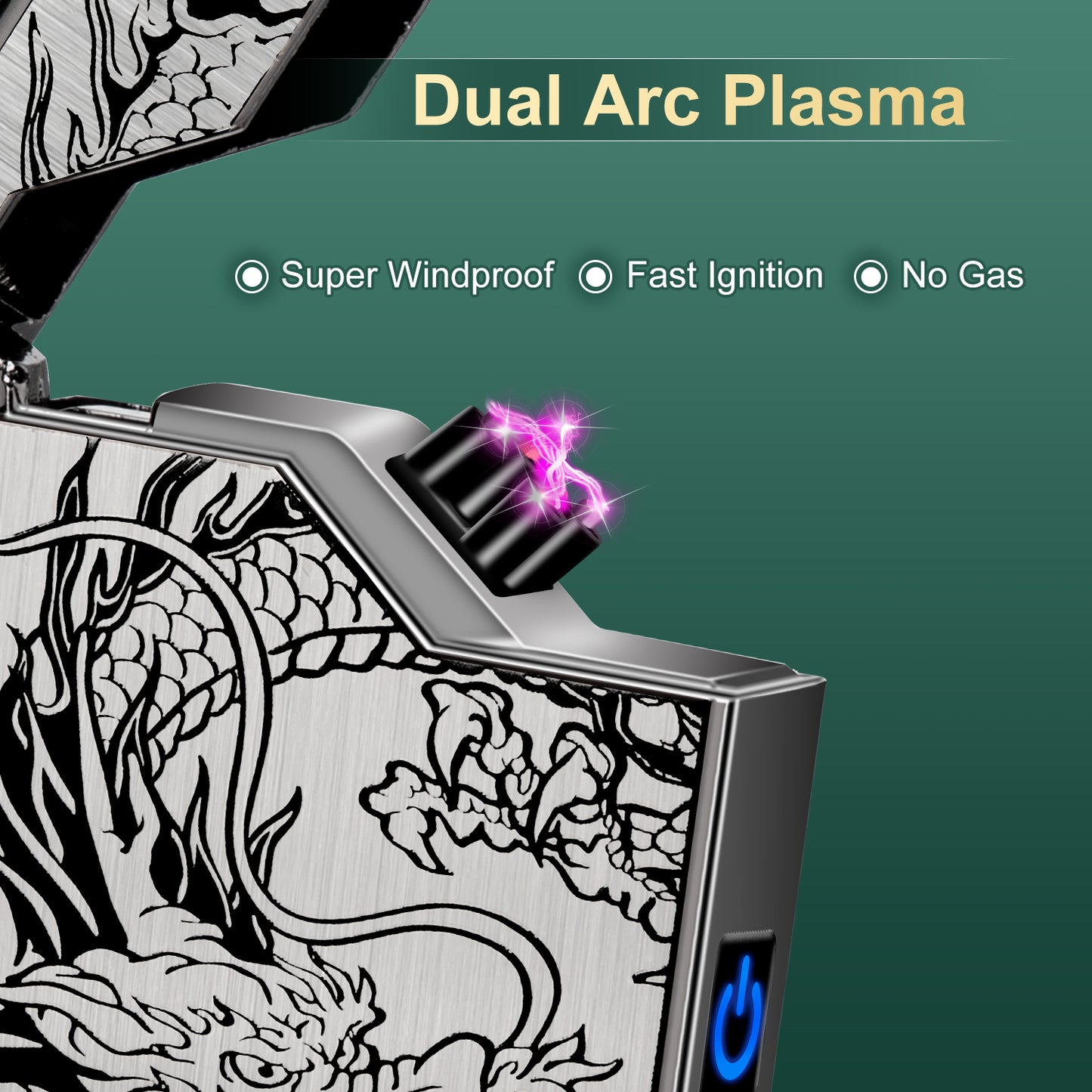 Electric Lighter - USB Rechargeable, Dual Arc Plasma Lighter, Windproof Flameless Lighters, Electronic Lighters with LED Battery Indication Gifts for Men Boyfriend Husband (Dragon Black)