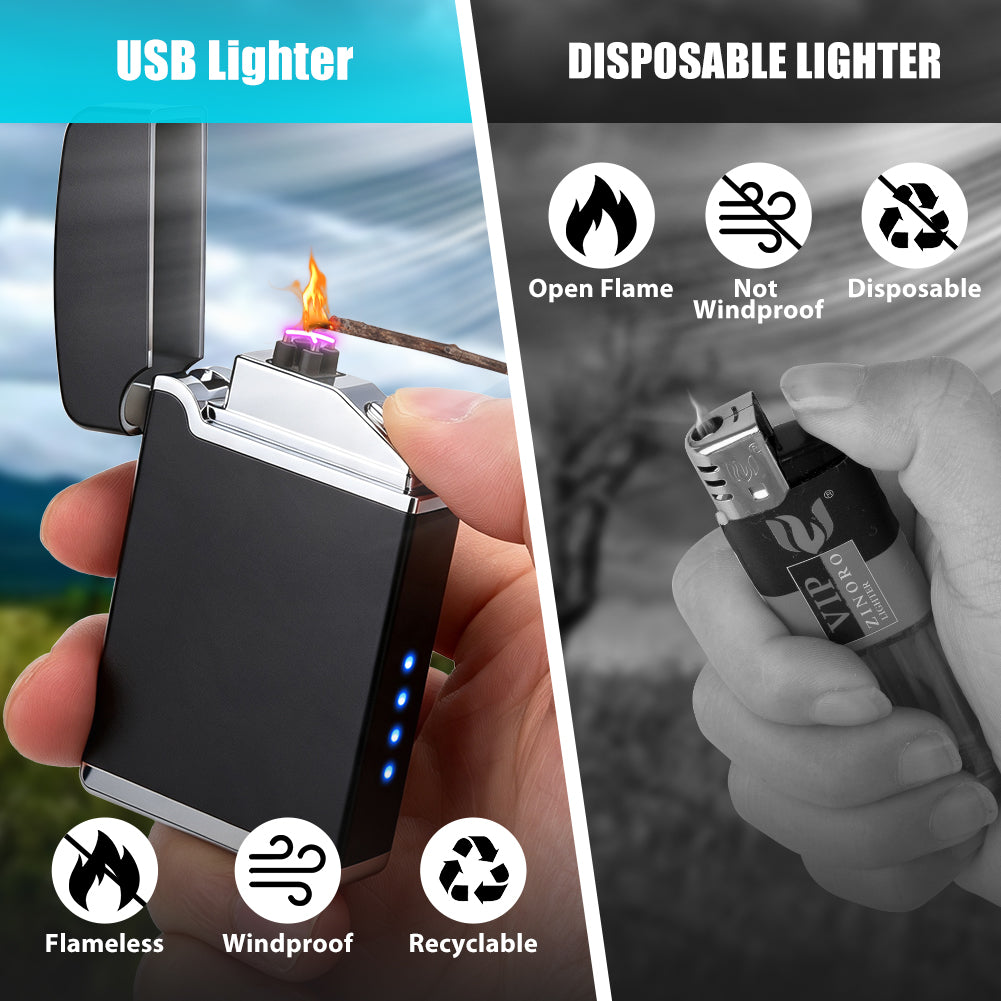 Windproof Dual Arc Electric Lighter, 2 Pcs USB Rechargeable Plasma Lighters with Led Battery Display, Cool Pocket Cigarette Lighter, Christmas Stocking Stuffers, Birthday Gifts for Men Father