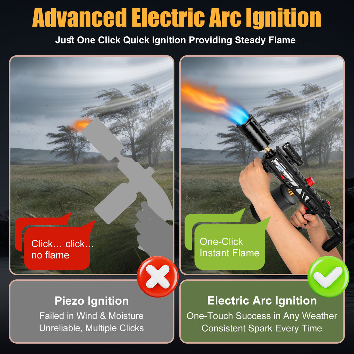 Flame Thrower Gun With Safety Lock, Windproof Propane Torch Gun with Flashlight, Advanced Electric Arc Ignition,Retractable Stock,Blow Torch Fire Starter Gun Lighter for Charcoals,Grill,Cooking( NO Tank)