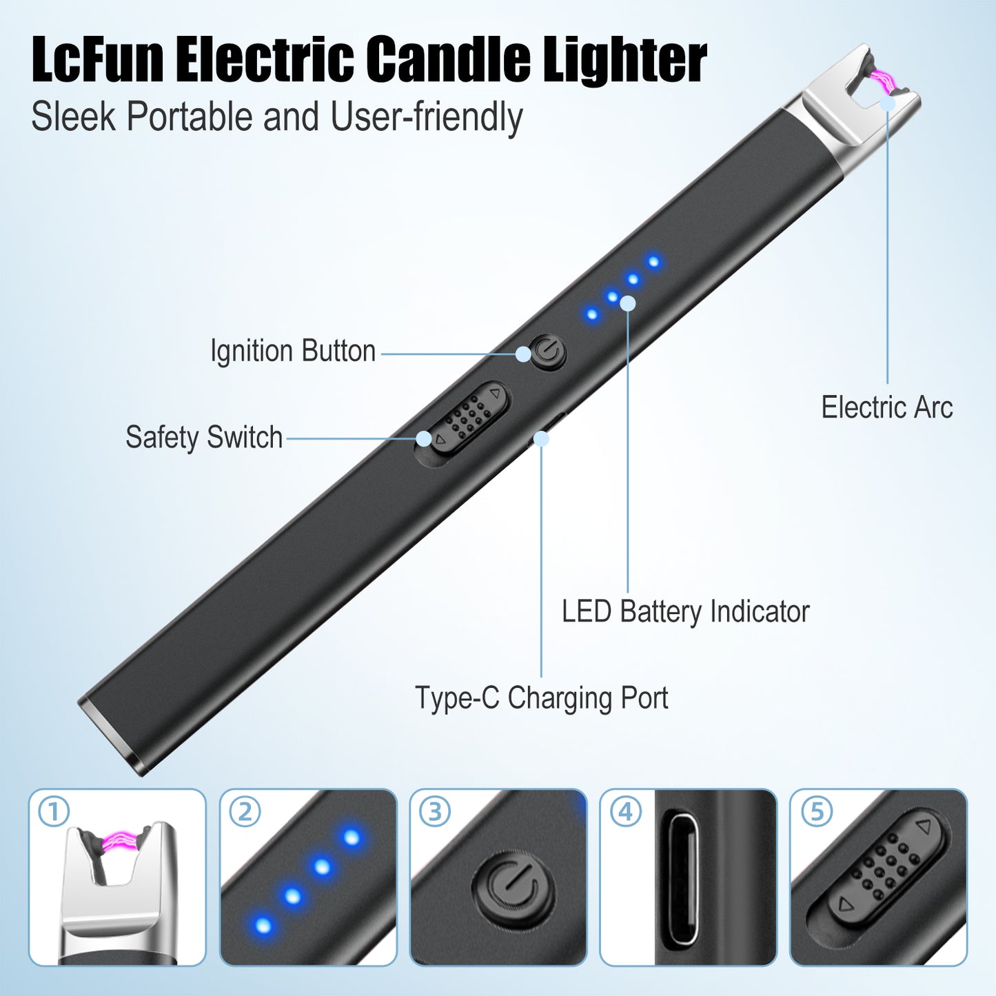 LcFun 2 Pack Candle Lighter USB Rechargeable Electric Plasma Arc Lighters with Safety Lock, Windproof Flameless Lighters Long Stem Matches for Candle, Grill, BBQ, Camping, Gas Stoves (Black, Gold)