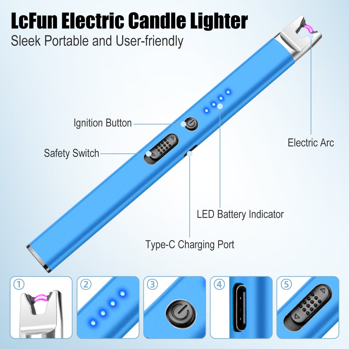 LcFun 2 Pack Candle Lighter USB Rechargeable Electric Plasma Arc Lighters with Safety Lock, Windproof Flameless Lighters Long Stem Matches for Candle, Grill, BBQ, Camping, Gas Stoves (Black, Gold)