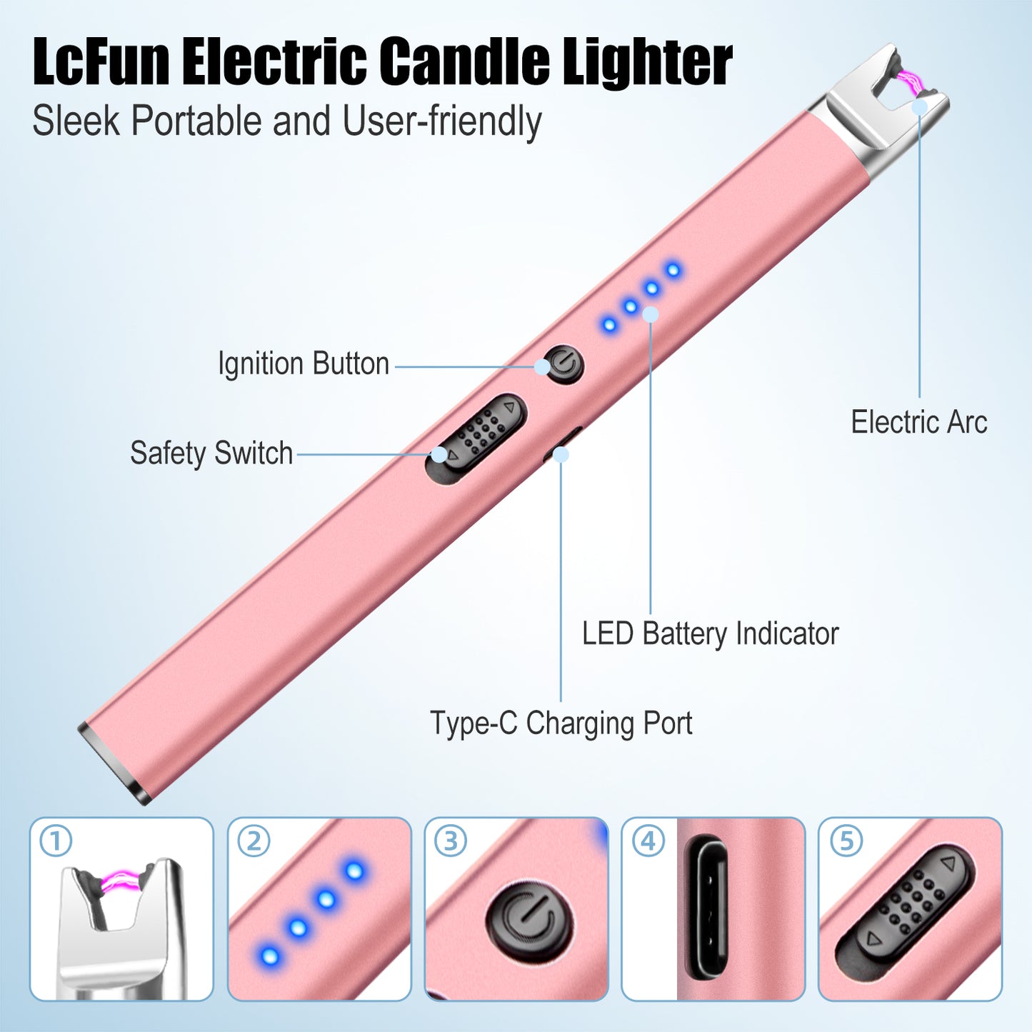 LcFun 2 Pack Candle Lighter USB Rechargeable Electric Plasma Arc Lighters with Safety Lock, Windproof Flameless Lighters Long Stem Matches for Candle, Grill, BBQ, Camping, Gas Stoves (Black, Gold)