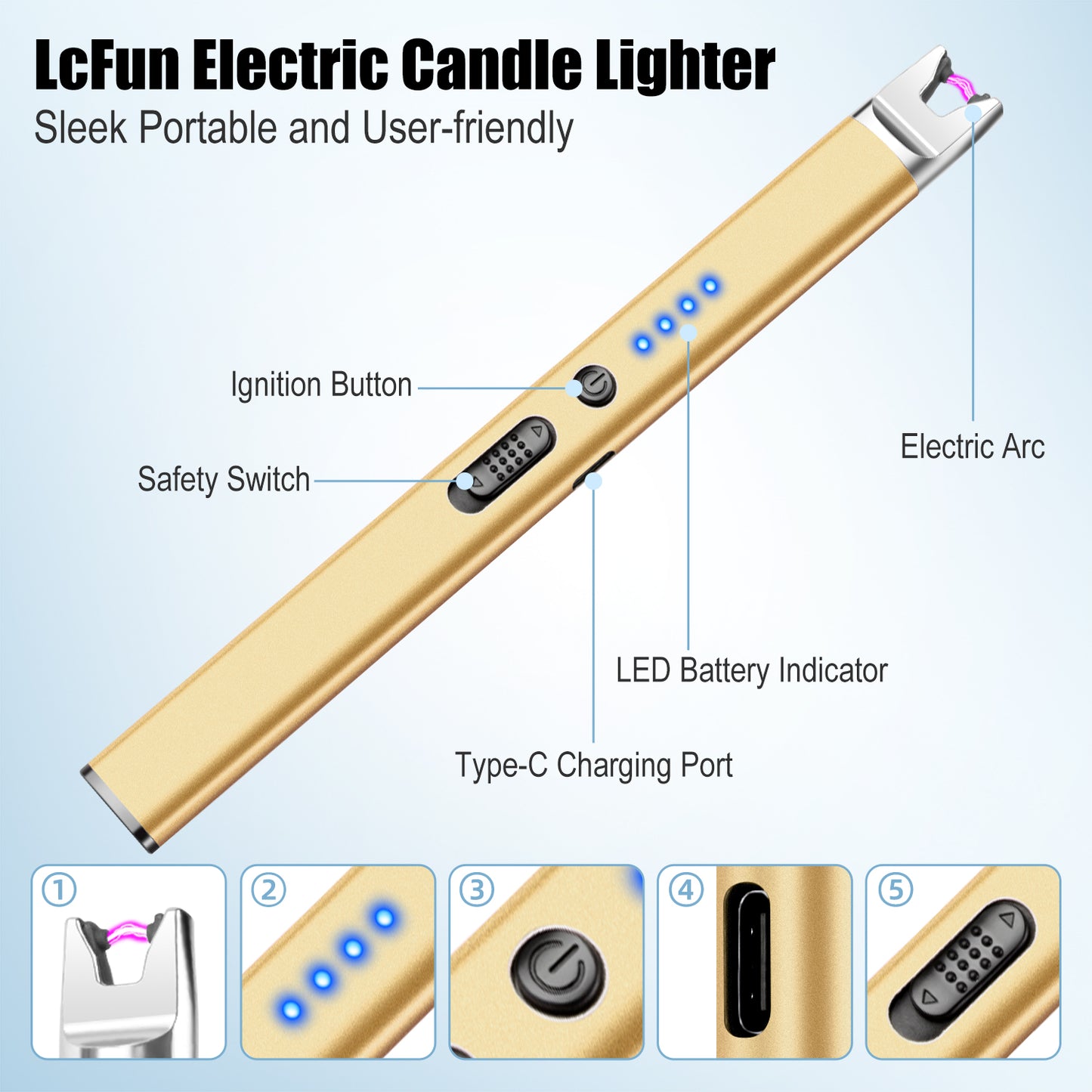 LcFun 2 Pack Candle Lighter USB Rechargeable Electric Plasma Arc Lighters with Safety Lock, Windproof Flameless Lighters Long Stem Matches for Candle, Grill, BBQ, Camping, Gas Stoves (Black, Gold)