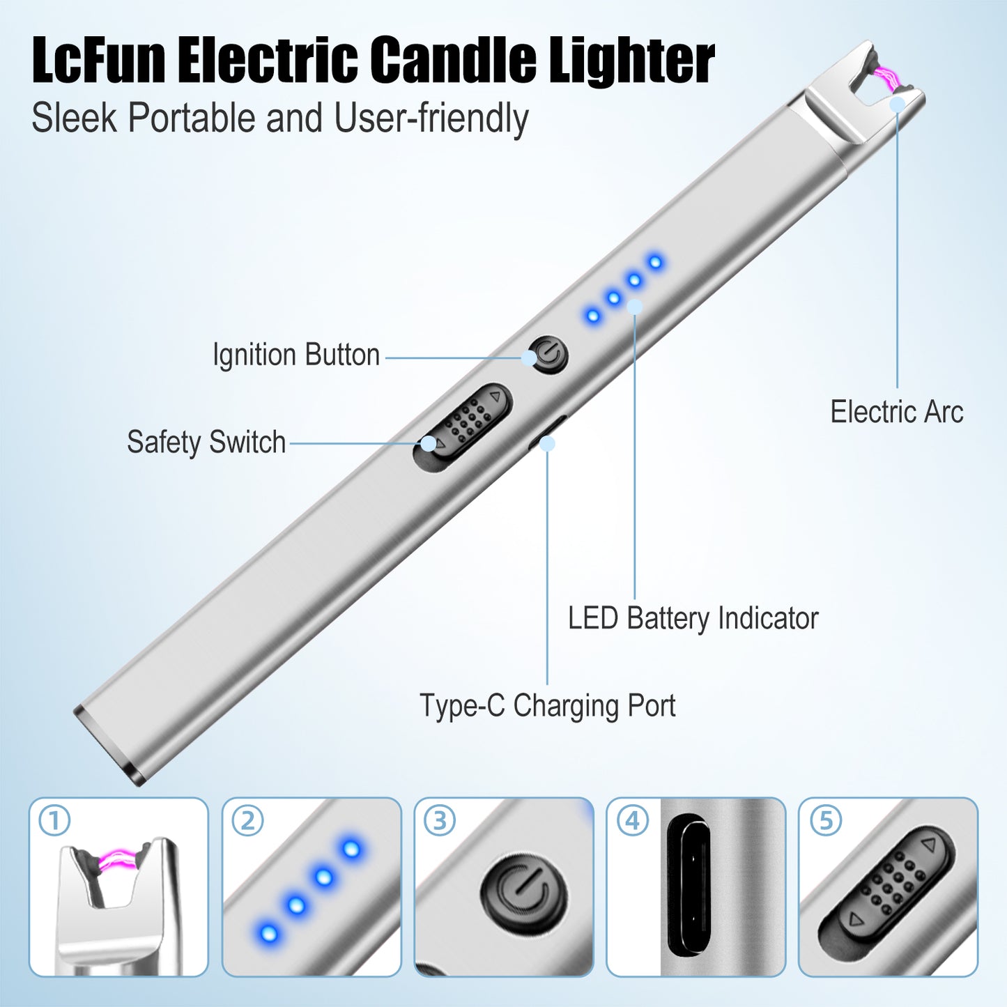 LcFun 2 Pack Candle Lighter USB Rechargeable Electric Plasma Arc Lighters with Safety Lock, Windproof Flameless Lighters Long Stem Matches for Candle, Grill, BBQ, Camping, Gas Stoves (Black, Gold)