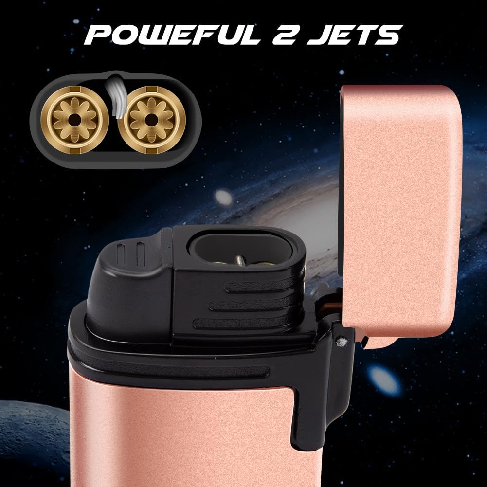 Butane Torch Lighter 2 Pack,Windproof Flame Lighter,2 Jet Lighter Refillable,Gas Fire Lighter,Pocket Torch Lighter (Without Fuel)(Black & Rose Gold)