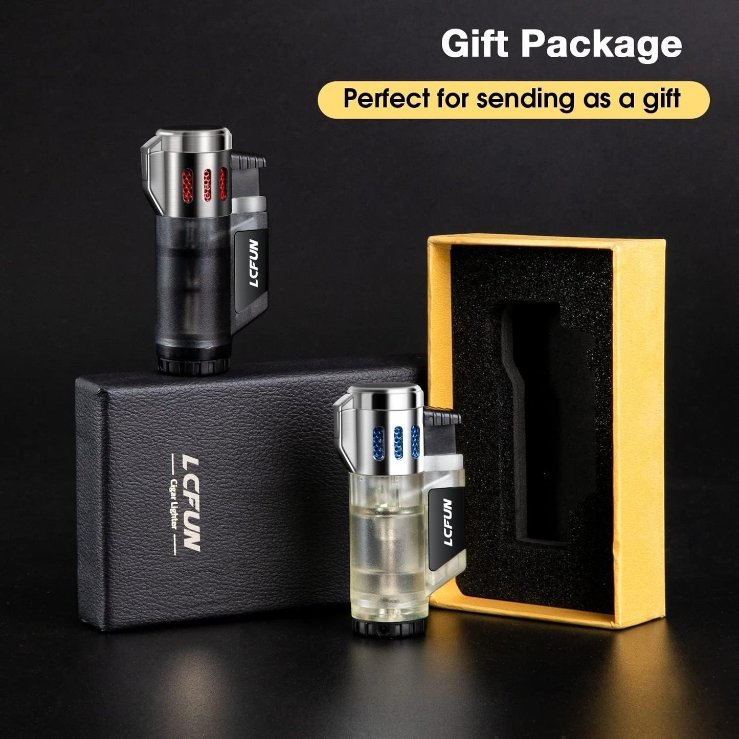 Jet Lighter 2 Pack Windproof Lighter 3 Flame Butane Torch Fire Lighter Refillable Gas Petrol Lighter Christmas Gifts-Butane Not Included(Black&Silver)