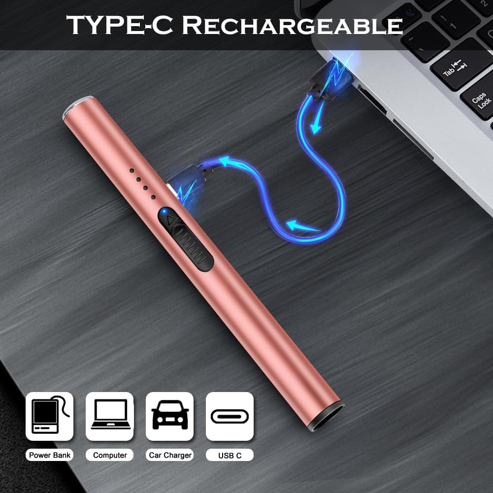 Candle Lighter,Electric Lighter USB Rechargeable,Electronic Arc Plasma Lighter,Long Pen BBQ Lighter for Candles,Camping,Grill-(Rose Gold)